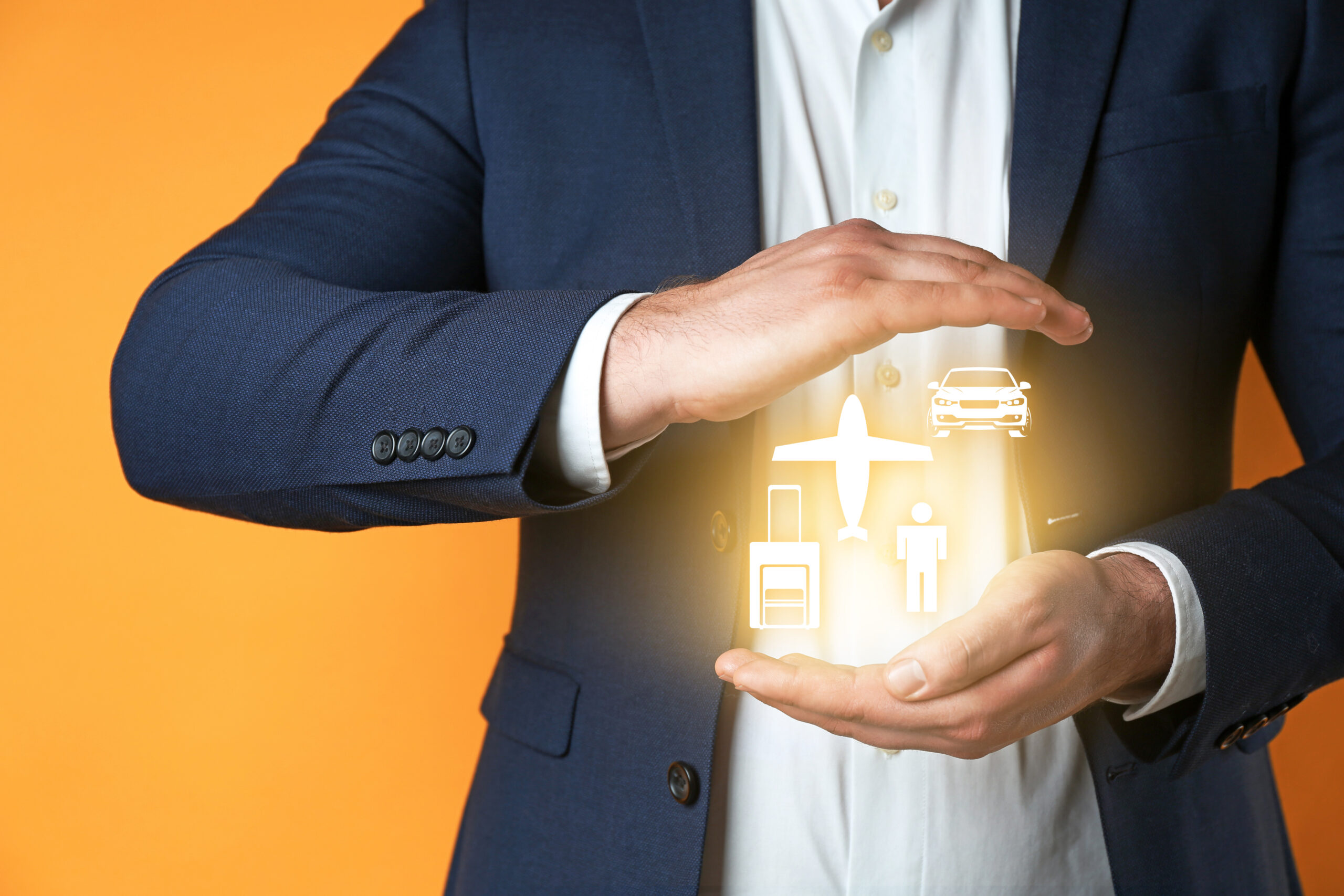 Businessman with different types of insurance policy on color background, closeup