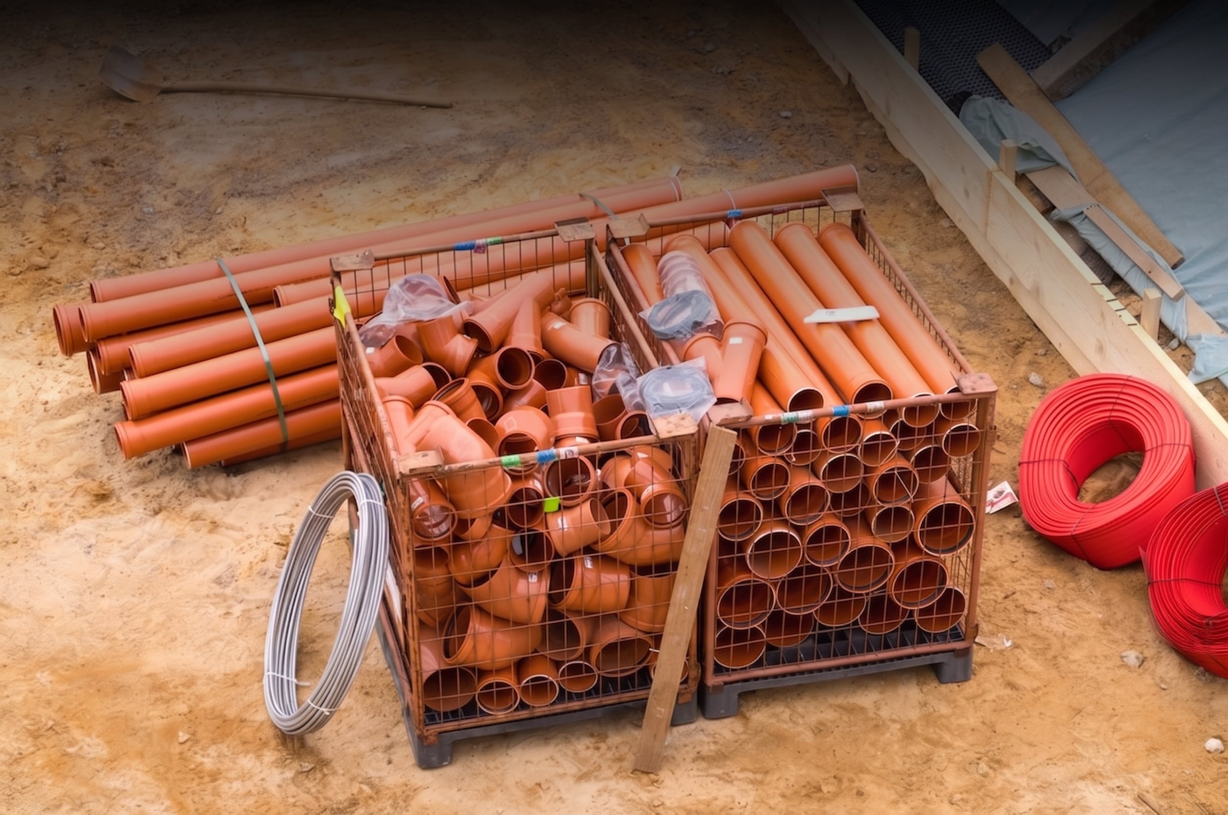 Orange PVC drainage pipes and elbow fittings stacked in wire crates alongside coiled conduits at a construction site.