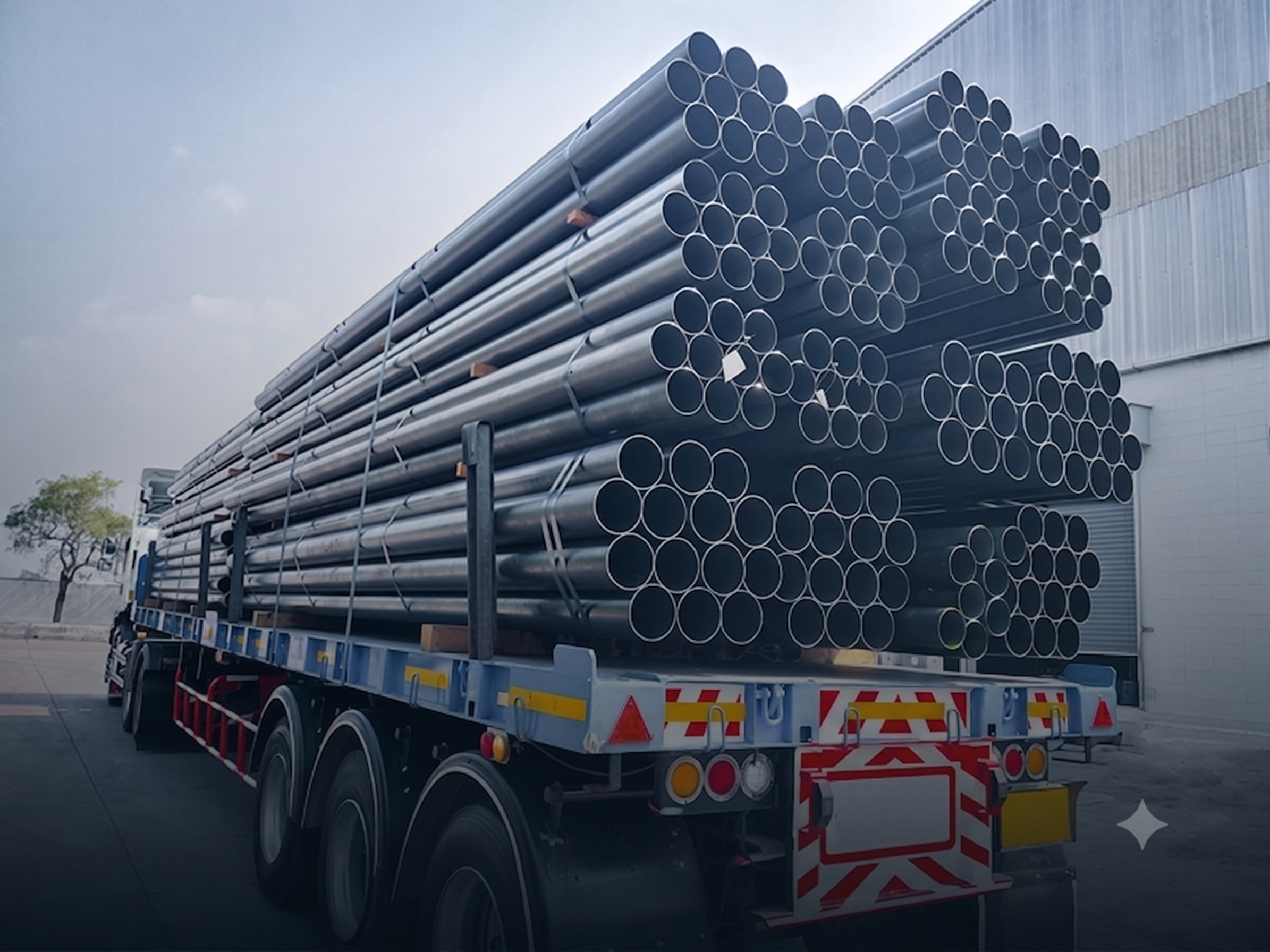 Flatbed semi-trailer truck loaded with large stacks of black industrial steel pipes.